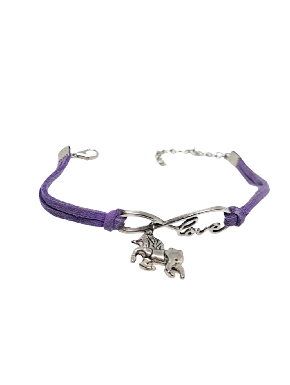 Purple Leather Bracelet with Infinity, Love, and a Unicorn Charm